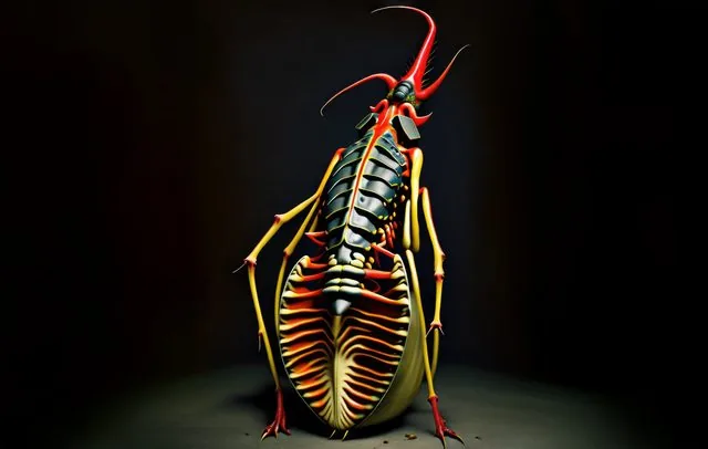 Widescreen creature design: a glossy red-and-yellow striped insect creature in dramatic dark studio lighting
