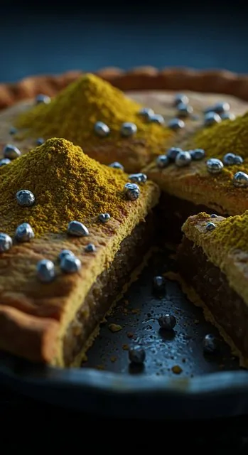 Cinematic still of a sliced pie dusted with yellow-green powder and metallic droplets