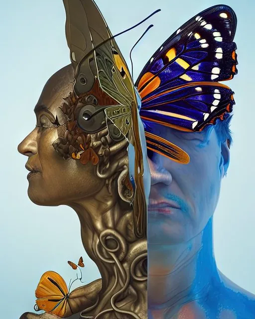 Surreal portrait: a carved bronze goddess profile and a blue-lit human face joined by monarch butterfly wings