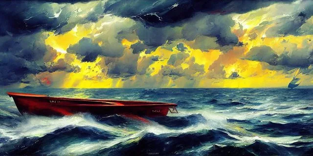 Painterly stormy seascape with an empty red boat riding heavy teal waves under a yellow-lit cloud break
