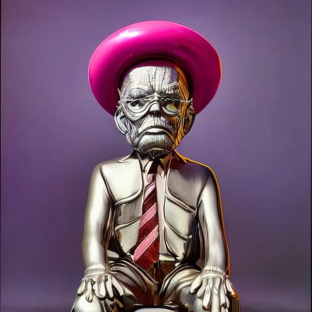Grumpy chrome-faced old man figurine in a silver suit and glossy magenta saucer hat against purple