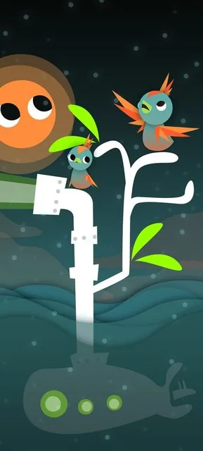 Flat vector illustration of a submarine periscope rising from teal waves with two birds and a googly-eyed orange sun