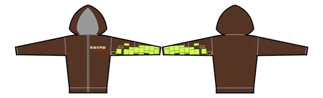 Apparel design flat of a brown zip-up hoodie with the color flag logo and pixel-block sleeve pattern