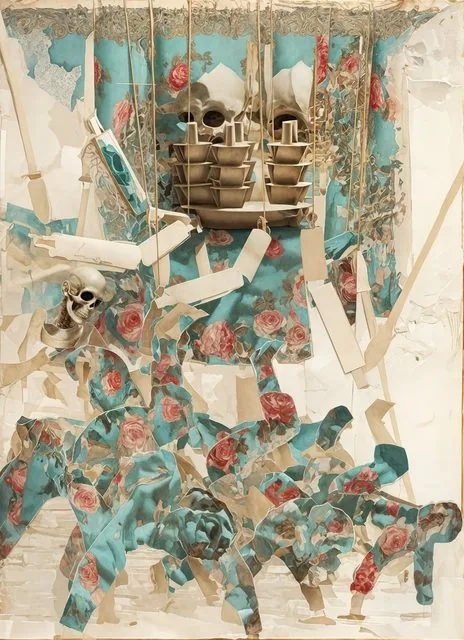 Mixed-media style synthesis of skulls, stacked vessels, and marionette figures in rose-patterned teal fabric