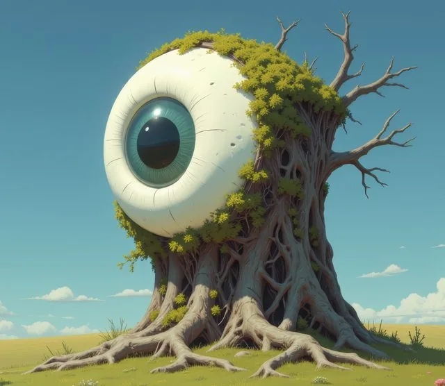 Surrealist landscape of a giant glossy eyeball nested in the mossy canopy of a gnarled dead tree