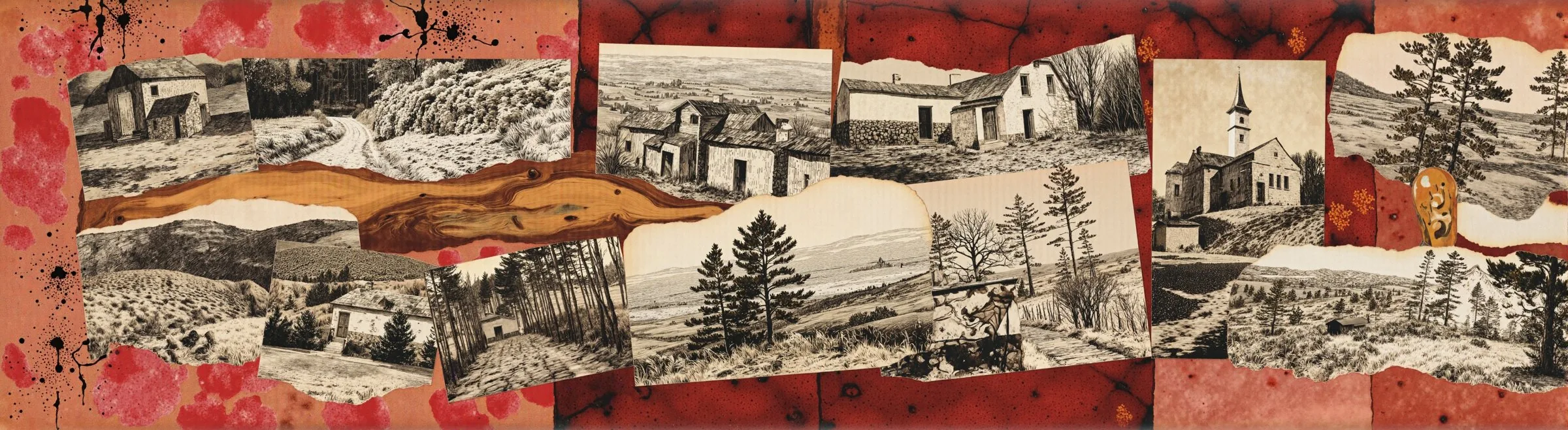 Wide mixed-media collage panorama of sepia etched-landscape postcards arranged over a red-lacquered ink-splattered ground