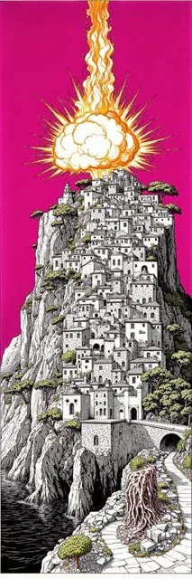 Tall bookmark illustration of a cliffside stone village with a cartoon explosion against a hot magenta sky