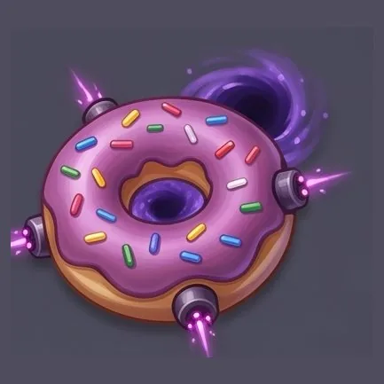 Game sprite of a pink sprinkled donut enemy with a black hole in its center and laser turrets on its rim
