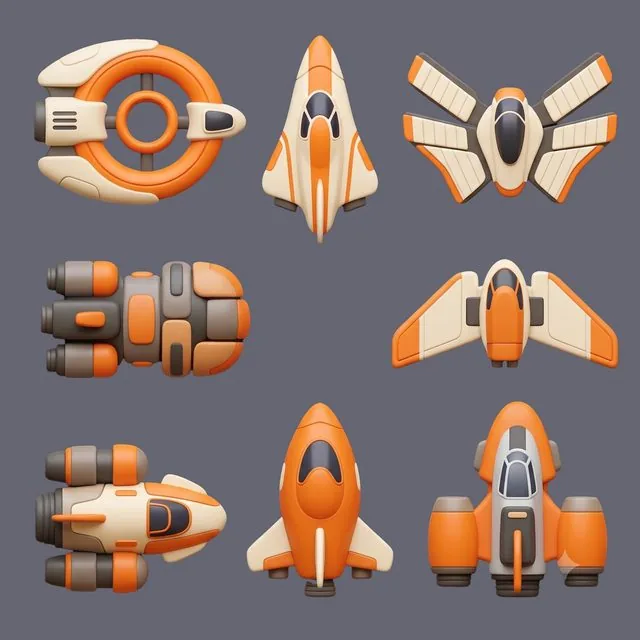 Sheet of eight glossy toy-like 3D spaceships in cream, orange, and grey