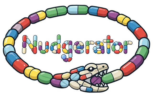 Nudgerator logo: an ouroboros snake made entirely of colorful pills, encircling the word Nudgerator spelled in pill typography