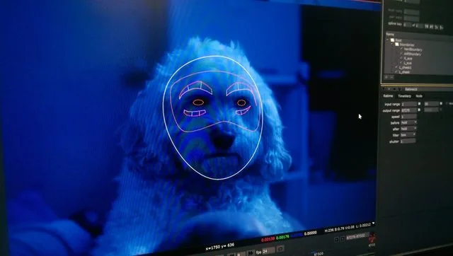 Lucy bathed in blue screen glow with neon pink and orange roto spline shapes overlaid on her face
