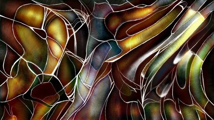 Abstract render of glowing translucent ribbons and cells in amber, green and violet, edged in bright outlines