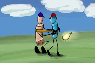 Two figures on a green field, one passing something to a blue bulb-headed figure who holds a glowing lightbulb