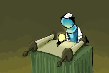 A blue figure leaning over a long scroll unrolled across a green table, lightbulb in hand