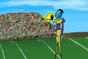 A figure in a numbered jersey on a playing field raising the bulb before a speckled crowd