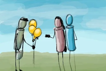 Three figures standing on a green rise, one holding a cluster of yellow balloons