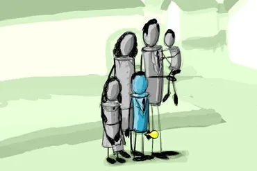 A grey family group posed together, a small blue figure among them holding the bulb