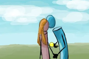 Two figures leaning together on a green horizon, the lightbulb held between them