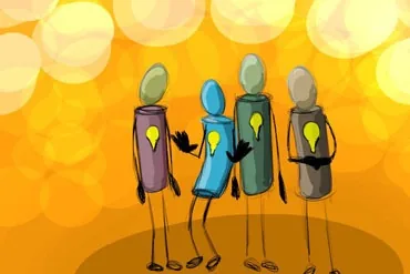 Four figures against warm golden bokeh, each carrying a lit bulb