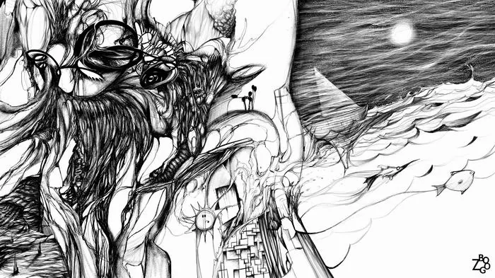 Fine pen-and-ink drawing of a shaggy creature beside spindly structures under a small high moon