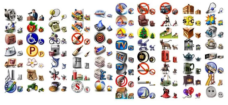 Master sheet of a hotel and travel amenity icon system in two sizes