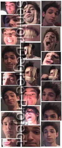 Senior degree project poster: a grid of about eighteen photobooth-style self-portraits pulling extreme expressions