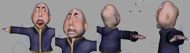 Four Maya viewport turnaround views of an early cartoon character model of a big-headed kid in a hoodie