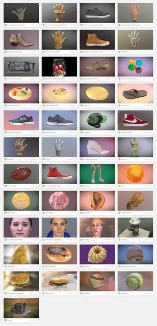Grid of roughly 45 photogrammetry model thumbnails from 2018: sneakers, gloves, baseball mitts, donuts, a fire hydrant, a car undercarriage, and several head scans